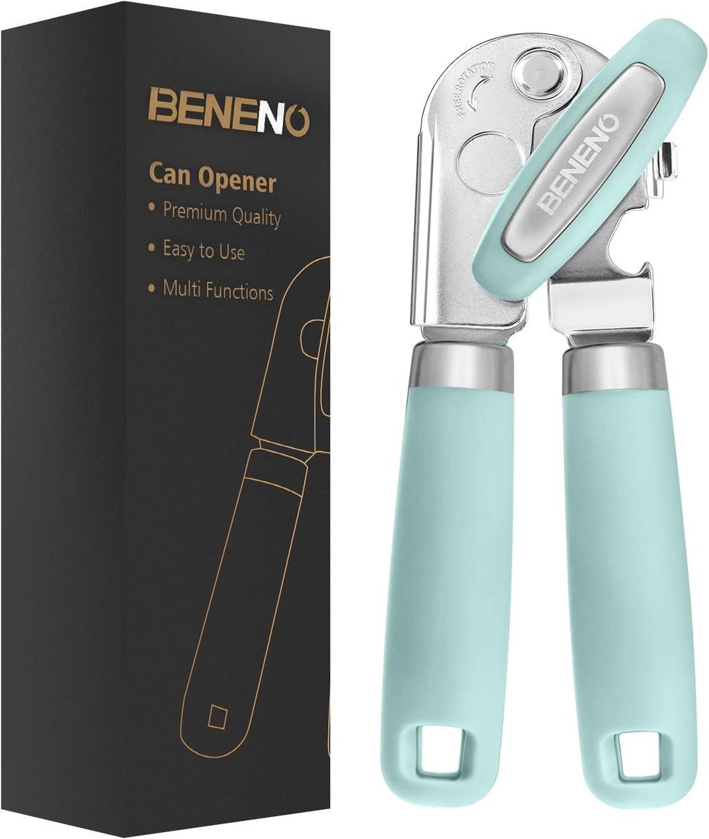 Beneno Can Opener Manual with Magnet, Hand Held Heavy Duty Can Opener with Durable Sharp Blade Smooth Edge, Big Effort-Saving Knob, Soft Grip Rubber Handle, Multifunctional Bottle Opener, Mint