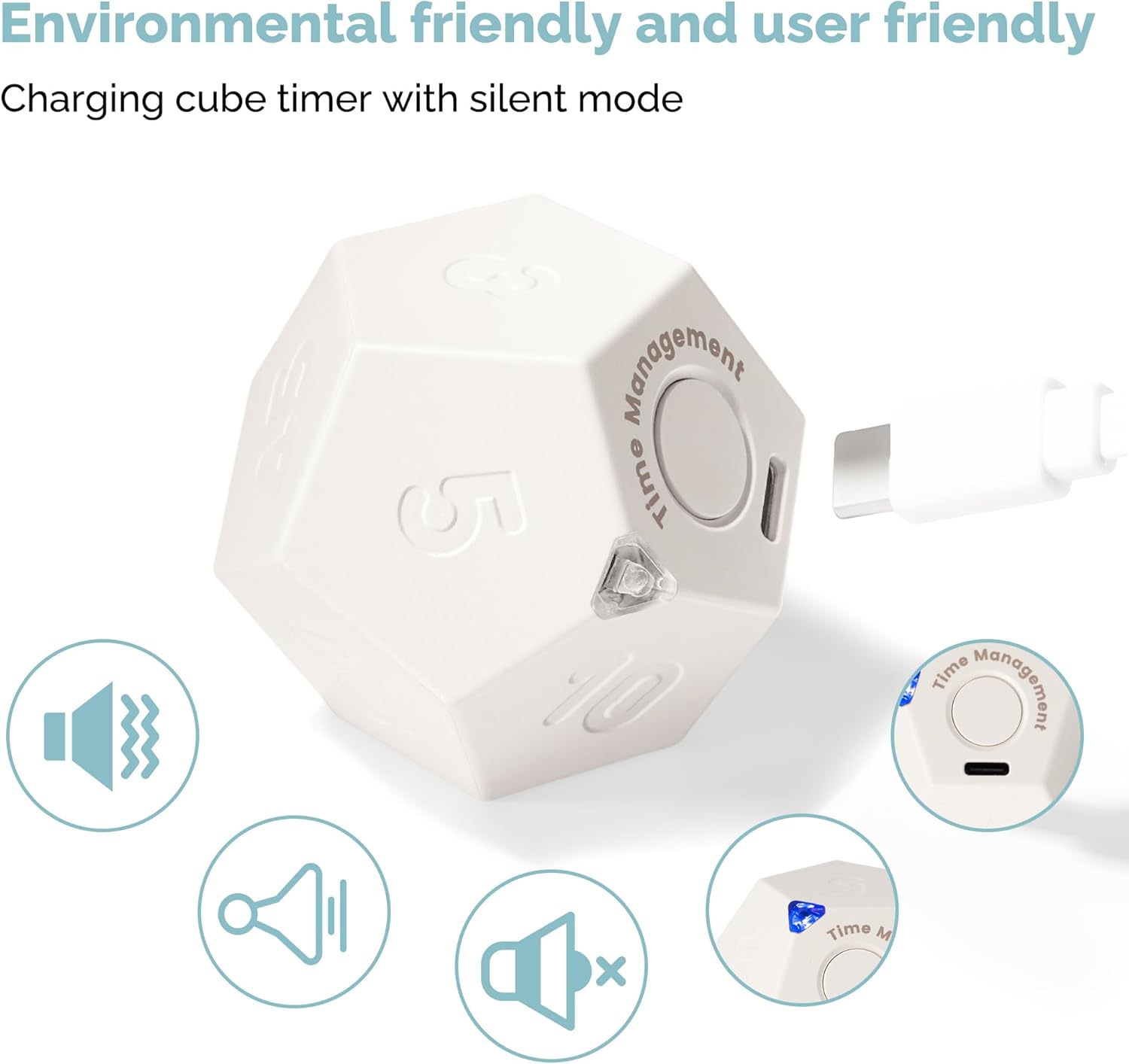 KADAMS Pomodoro Cube Timer Productivity-11 Preset Countdowns, Flip-to-Start Gravity Activation - Sound Vibrate Mute Rechargeable - Ideal for ADHD Kid Kitchen Classroom Cook Study Exercise - White