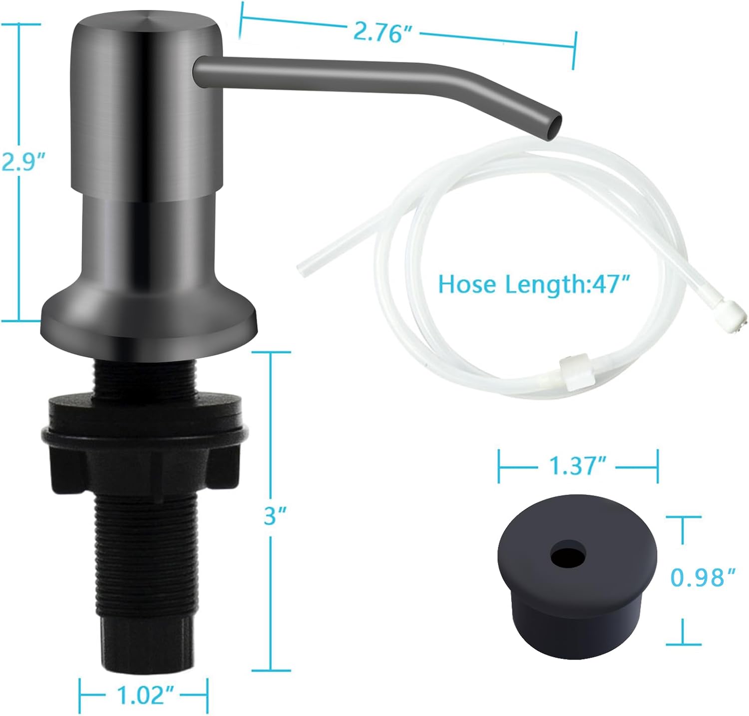 Kitchen Sink Soap Dispenser With 47" Extension Tube Kit, Under Sink Pump, No Need for Refills, Good Suction Power, Gray