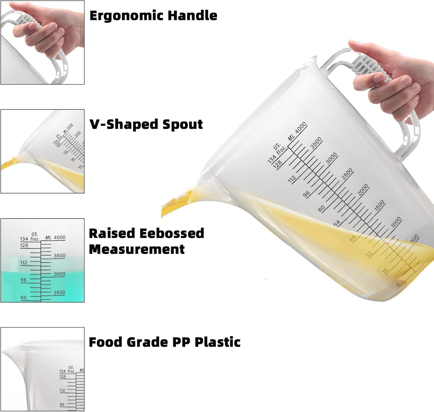 Luvan 1 Gallon Measuring Pitcher, Large Measuring Cup with Spout and Handle, 134oz Plastic measuring pitcher with Conversion Chart, 1 Gallon Measuring Container for Motor Oil, Chemicals, Pools, Lawns