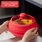 Microwave Splatter Silicone Cover Collapsible, Vented Multifunction Splash Lid with Glass Dish Bowl Plate for Food Cooking Bacon Maker, Dishwasher Safe BPA-Free 9 inch Cookware Set Red