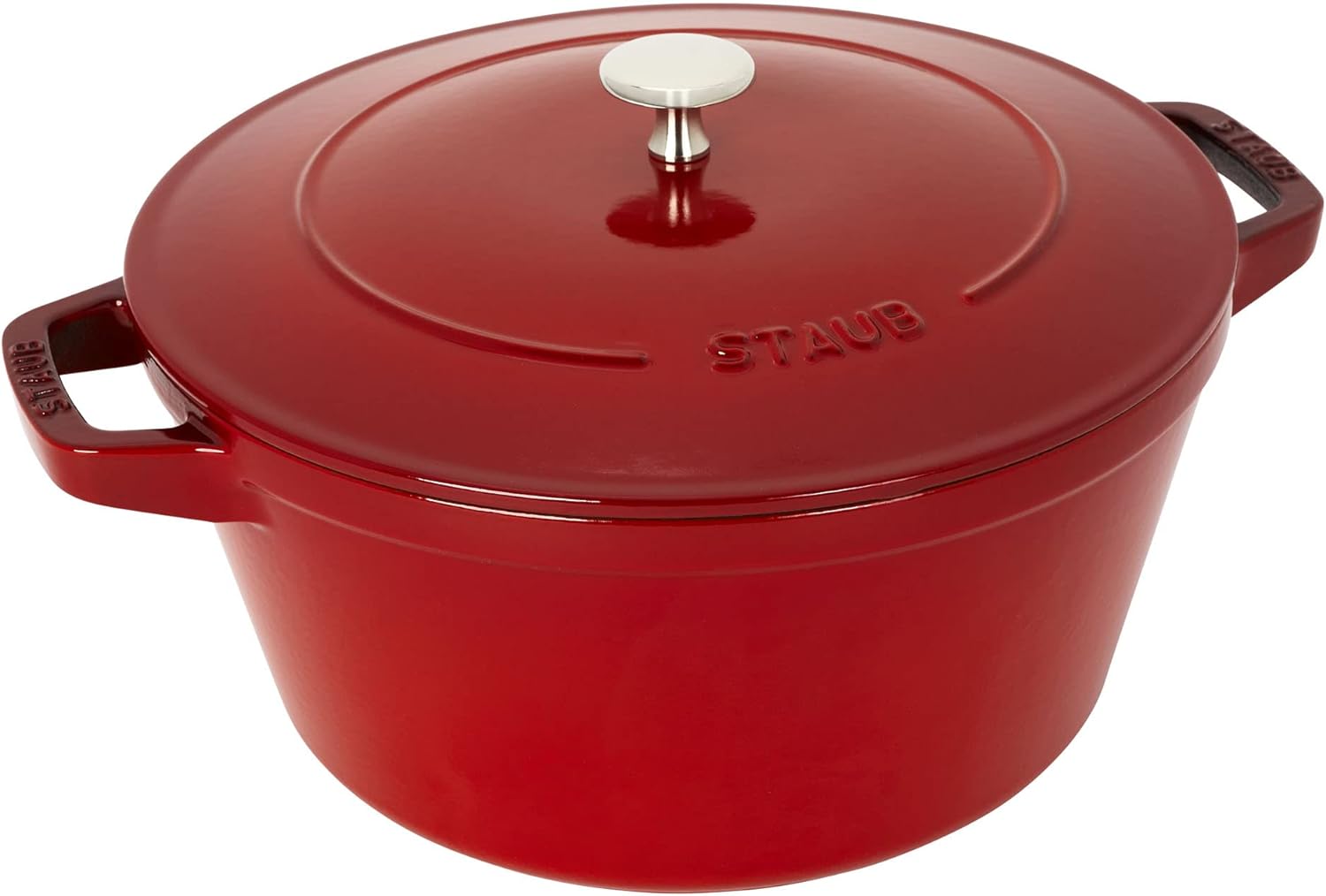 STAUB Cast Iron Set 4-pc, Stackable Space-Saving Cookware Set, Dutch Oven, Skillet, Grill Pan with Universal Lid, Made in France, Cherry