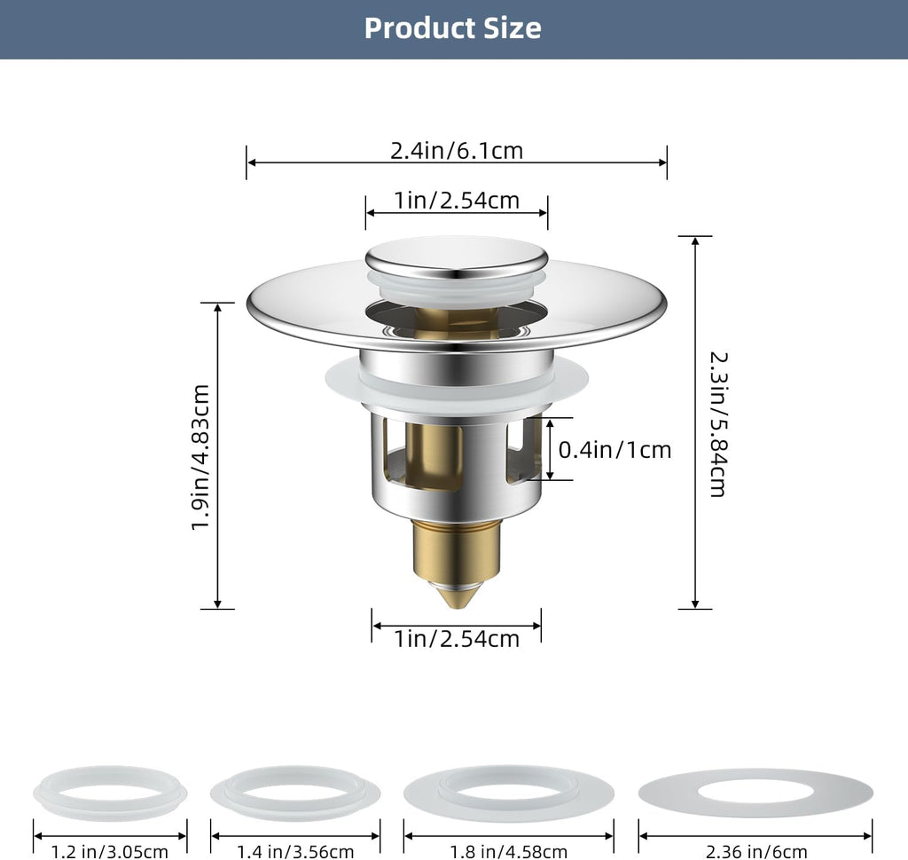Hibbent 2 Pack All Metal Universal Bathroom Sink Stopper for 1.1''~2.3'' Basin, Pop Up Sink Drain Strainer, Brass Bullet Core Push Type Stopper, Stainless Steel Anti Clogging Drain Filter, Chrome