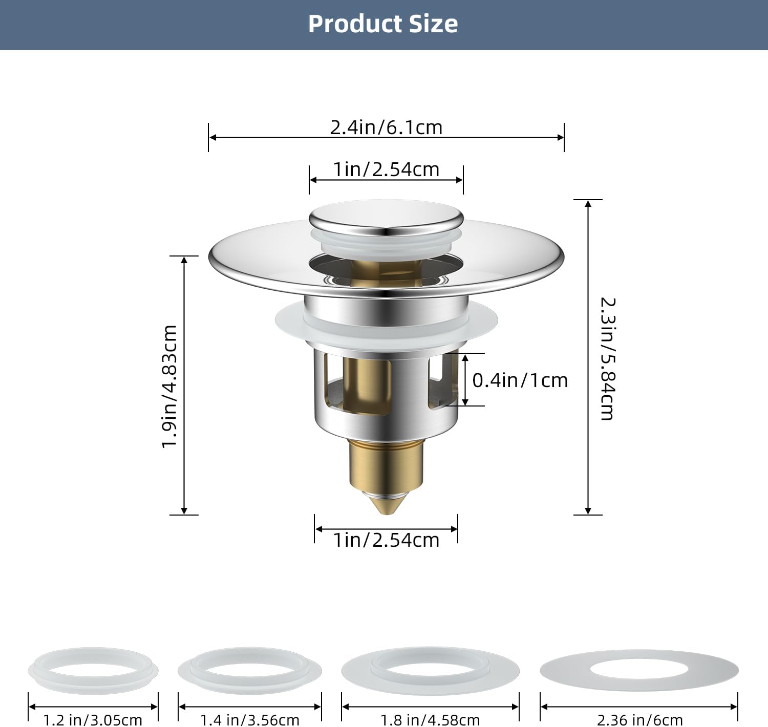 Hibbent 2 Pack All Metal Universal Bathroom Sink Stopper for 1.1''~2.3'' Basin, Pop Up Sink Drain Strainer, Brass Bullet Core Push Type Stopper, Stainless Steel Anti Clogging Drain Filter, Chrome