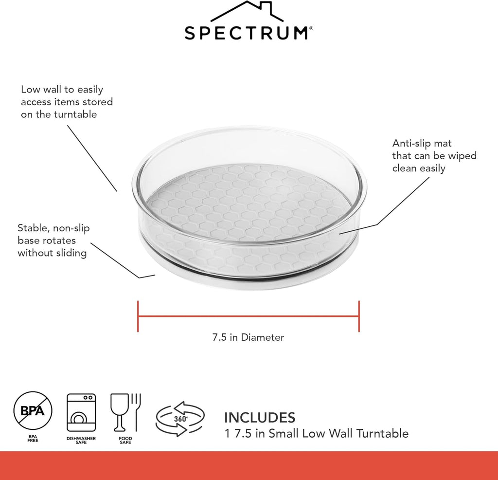 Spectrum Small Lazy Susan Organizer 7.5 in for Cabinets Refrigerator Pantry Table, Oyster Gray Rotating Storage Spice Rack Turntable for Sauces Jams or Tiny Jars, Spinning Fridge Organizer