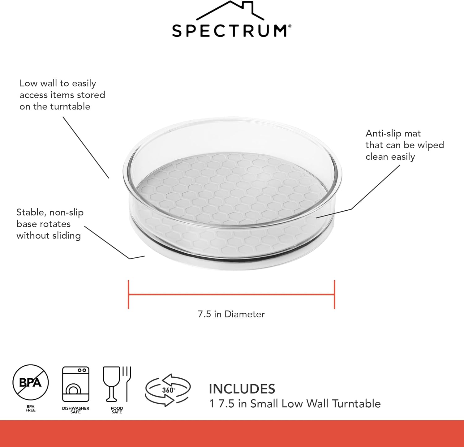 Spectrum Small Lazy Susan Organizer 7.5 in for Cabinets Refrigerator Pantry Table, Oyster Gray Rotating Storage Spice Rack Turntable for Sauces Jams or Tiny Jars, Spinning Fridge Organizer