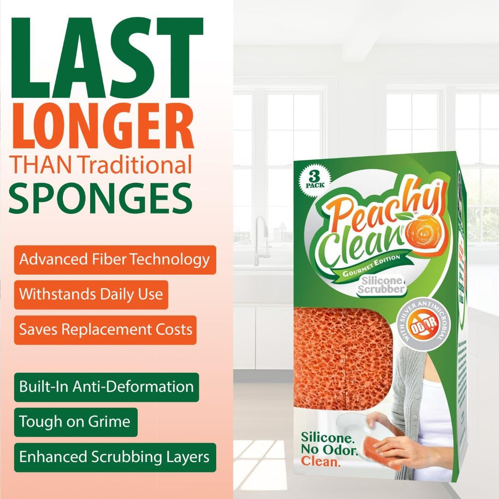 Peachy Clean Silicone Dish Sponge Scrubbers, Fresh Peach Scent, Non-Scratch, Odor-Resistant, Durable Dish Sponges for Kitchen