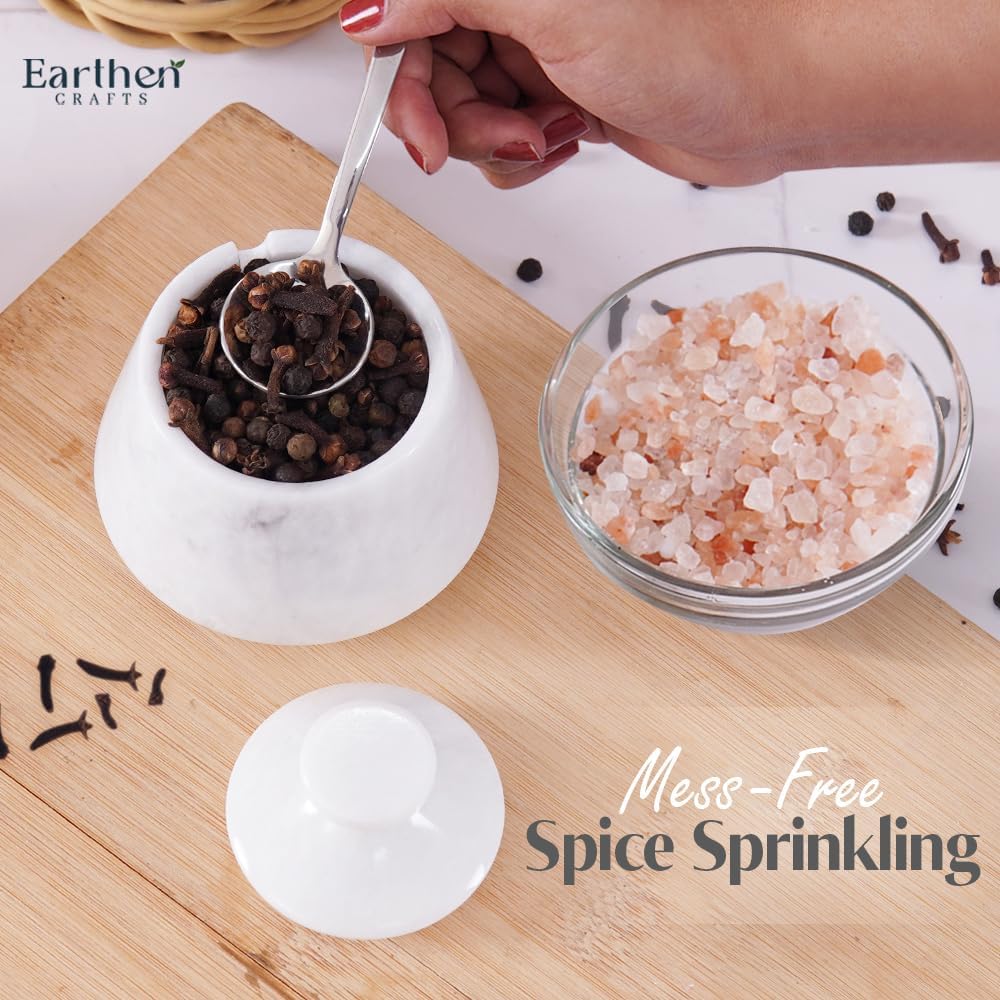 Marble Salt Cellar With Lid & Spoon White 3" Inches Salt Box, Salt Bowl, Sugar Container for Kitchen Countertop, Salt and Spice Holder & Jewelry Storage
