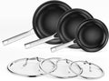 Nonstick Ceramic Frying Pan Set,8inch&9.5inch&11inch Stainless Steel Frying Pan Skillet W/Glass Lid,Titanium Ceramic Omelet Pans,Kitchen Cooking Pan Set, Compatible W/All Cooktops