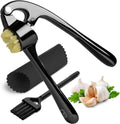 GD Garlic Press Crusher Mincer Tool - Stainless Steel Garlic Press, Dishwasher Safe & Rust Proof, Easy-Squeeze Garlic Crusher with Ergonomic Handle - Includes Silicone Peeler & Brush (Black)