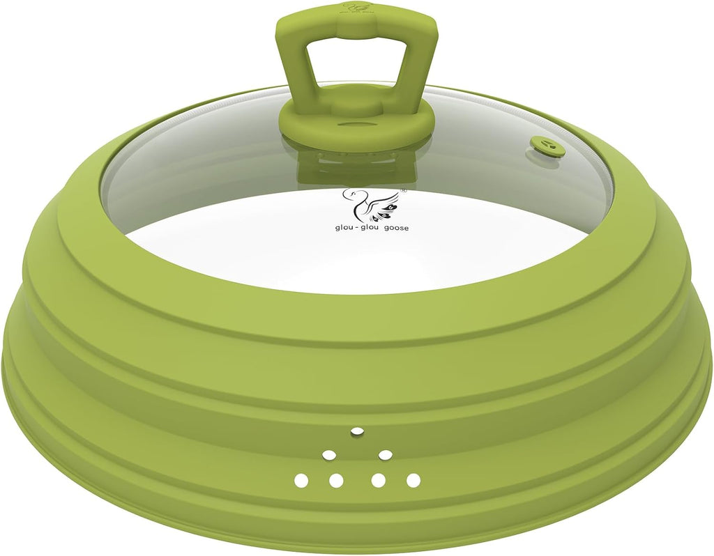 Microwave Splatter Cover Vented Glass Splatter Guard Lid with Collapsible Silicone for Food as Pot Cover 11.8 inch Large Plate for 6 7 8 9 10 11 inch Plate Bowl
