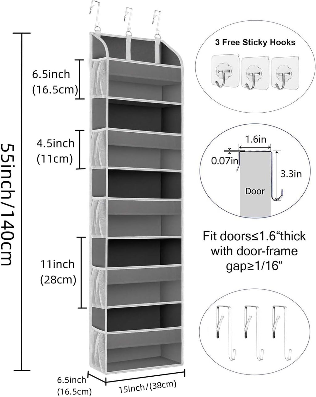 2 Pack Over The Door Storage Organizer with 5 Pockets 10 Mesh Side Pockets, 44 lbs Weight Capacity Door Hanging Organizers and Storage for Bedroom,Bathroom,Nursery,Pantry,Dorm(Dark Gray)