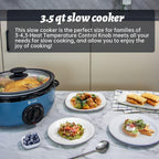 ICOOK USC-35-OP001BL 3.5 Quart Slow Cooker,Aluminium Sear/Sauté Stew Pot Stovetop safe,Dishwasher Safe,Glass Lid,Adjustable Temp,Food Warmer,Blue