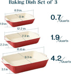 DOWAN Casserole Dishes for Oven, Set of 3 Rectangular Ceramic Baking Dishes, 135 oz Capacity, Red (15.6''/12.2''/8.9'')