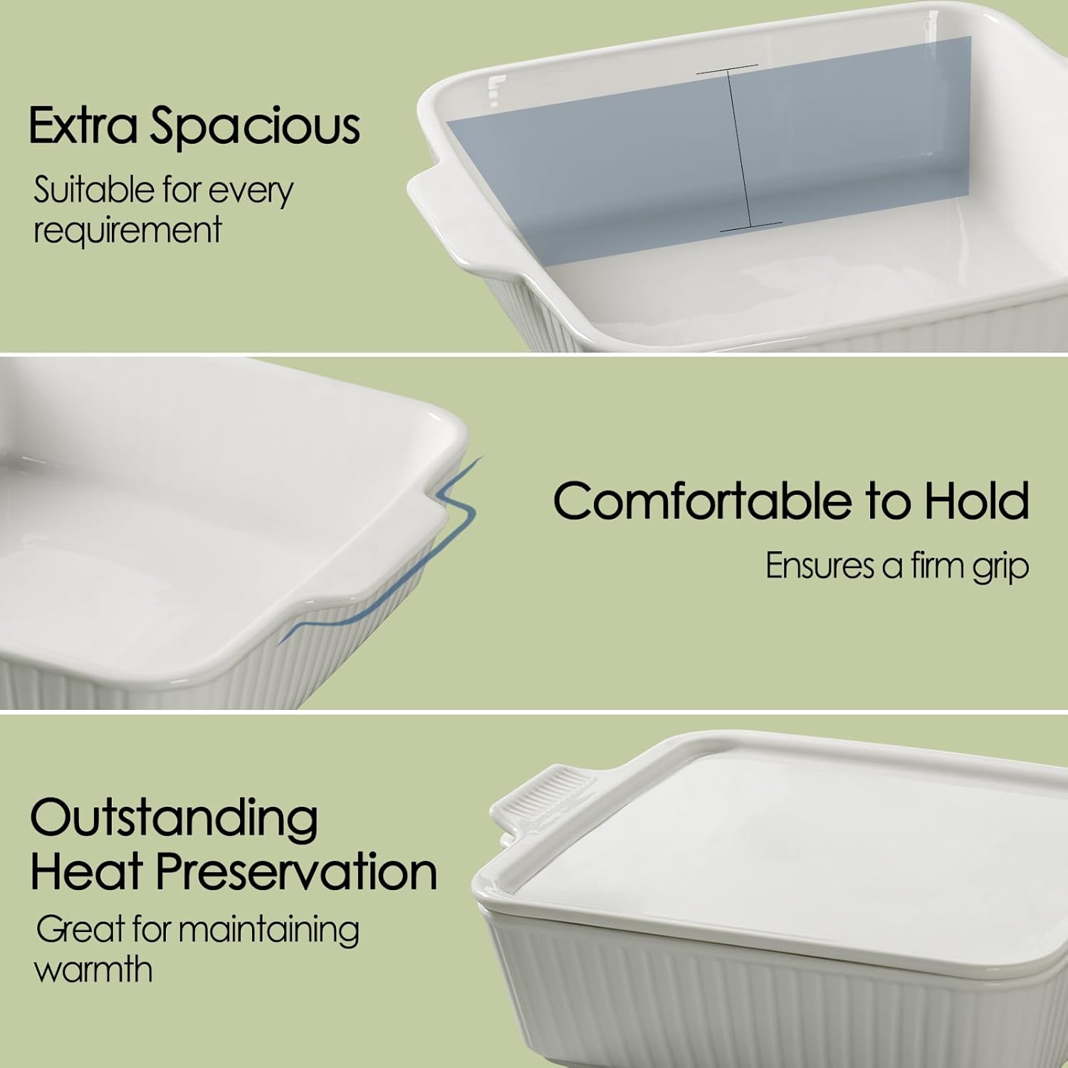 Dizada Casserole Dish for Oven with Lid, 10'' Square Baking Dish, Ceramic Baking Dish, Baking Pan with Handles, Lasagna Pan Bakeware Oven Safe Baking Dish for Oven, Cake, Kitchen, Microwave, Dishwasher Safe, White
