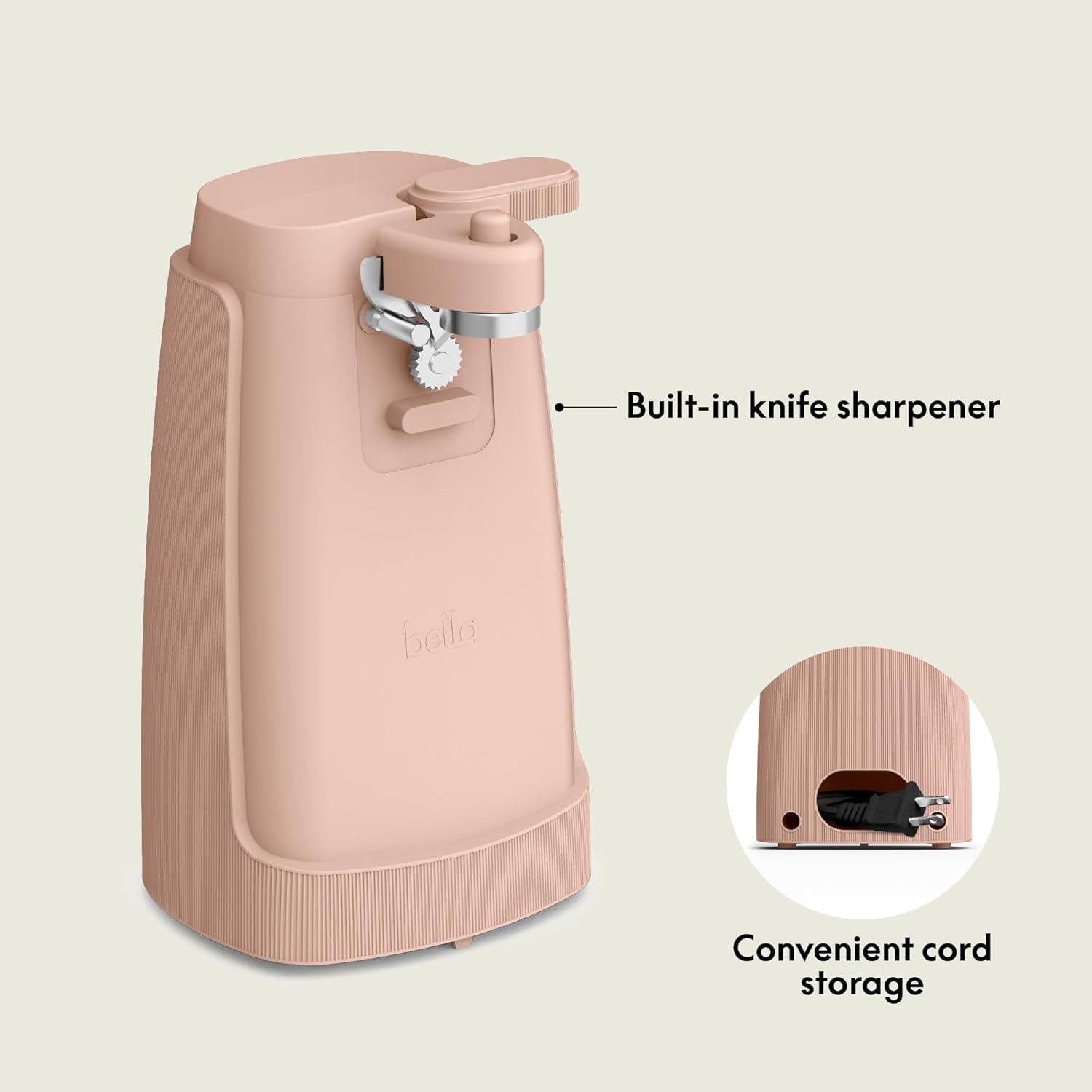 bella Electric Can Opener and Knife Sharpener, Multifunctional Jar and Bottle Opener with Removable Cutting Lever and Cord Storage, Stainless Steel Blade, Blossom