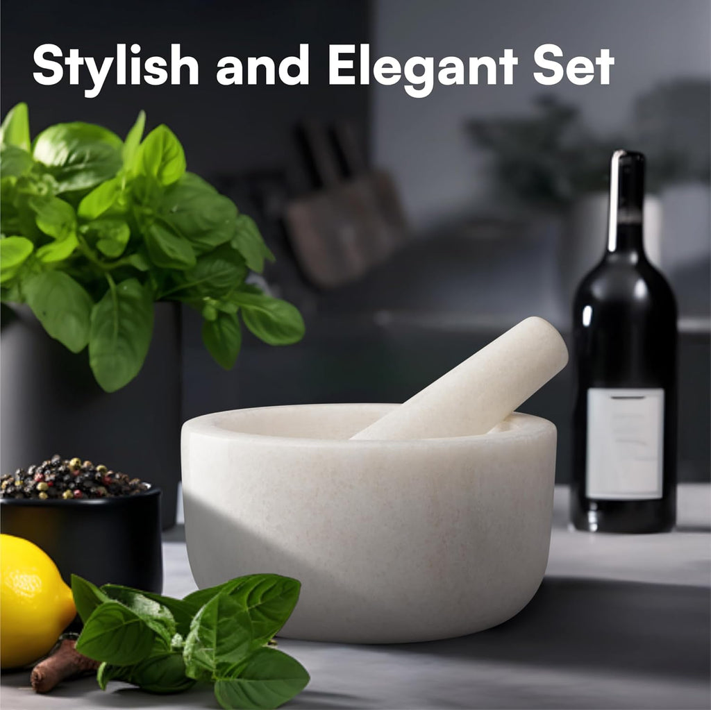 H&S Alliance Mortar and Pestle Set - Premium Stone Pestle and Mortar Bowl & Grinder - Spice Herb Crusher Pesto Guacamole Maker for Kitchen - 7.1" (18cm) Diameter - White Marble