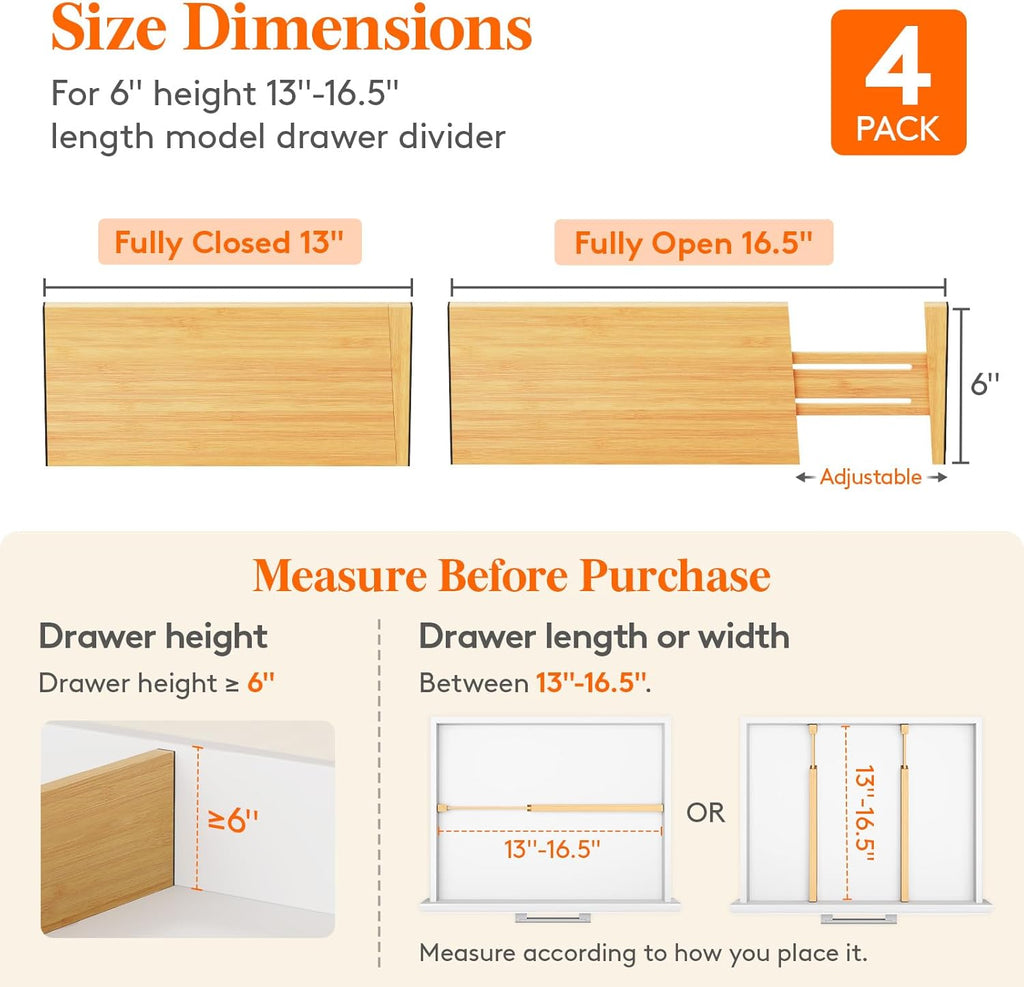 Lifewit 4 Pack 6" Deep Bamboo Drawer Dividers, 13-16.5" Expandable Drawer Organisers for Clothes, Adjustable Dresser Drawer Divider, Clothing Drawers Separators for Dresser, Bedroom, Bathroom, Office