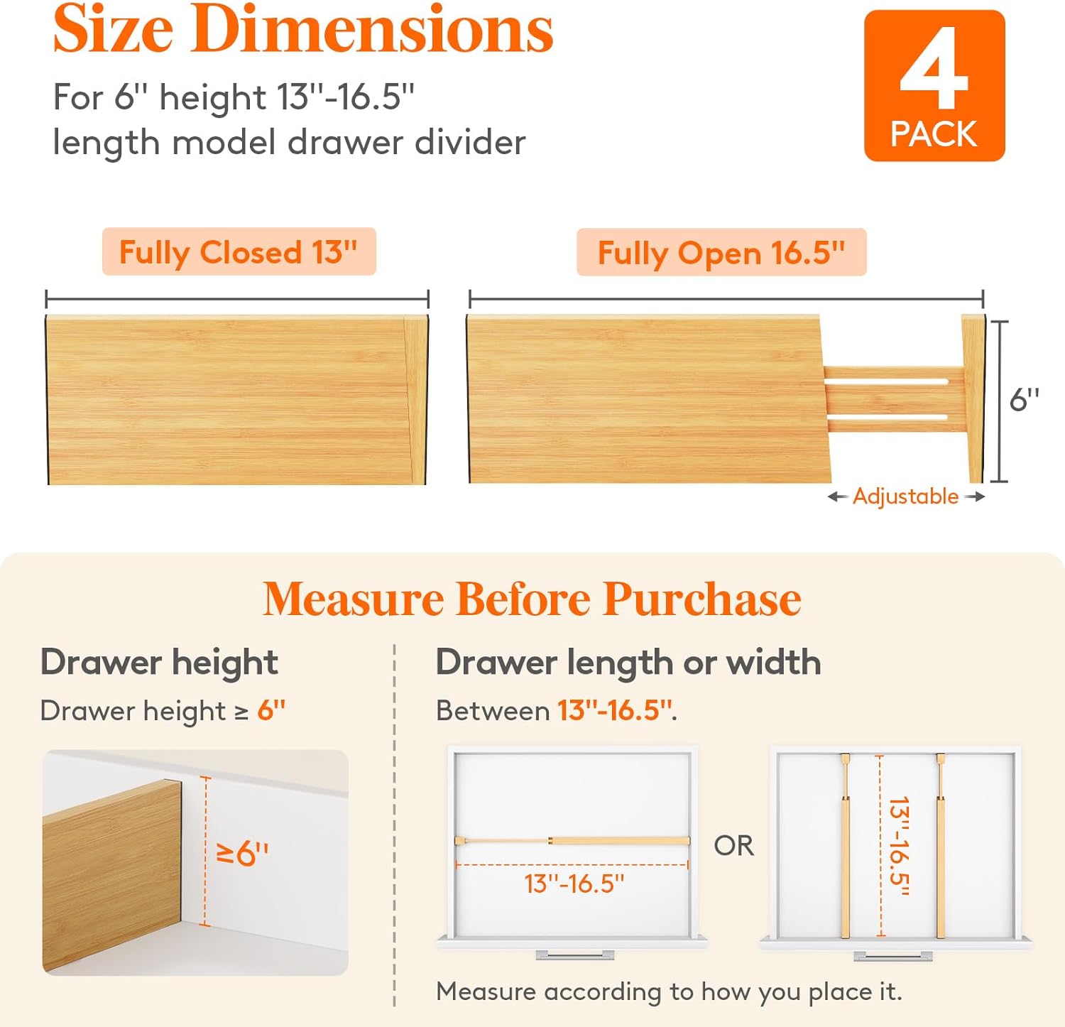 Lifewit 4 Pack 6" Deep Bamboo Drawer Dividers, 13-16.5" Expandable Drawer Organisers for Clothes, Adjustable Dresser Drawer Divider, Clothing Drawers Separators for Dresser, Bedroom, Bathroom, Office