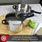 MAGEFESA Favorit Six Fast-Cooking Pressure Cooker Set, 3.2 Qt & 6.3 Qt, Stainless Steel, Induction Compatible, Heat Diffuser Base, 5 Safety Systems – Special Edition (Steam Basket, Lid & Recipe Book)