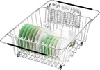 Large Sink Dish Drying Rack, Expandable 304 Stainless Steel Metal Dish Drainer Rack Organizer Shelves with Stainless Steel Utensil Holder Over Inside Sink, Rustproof