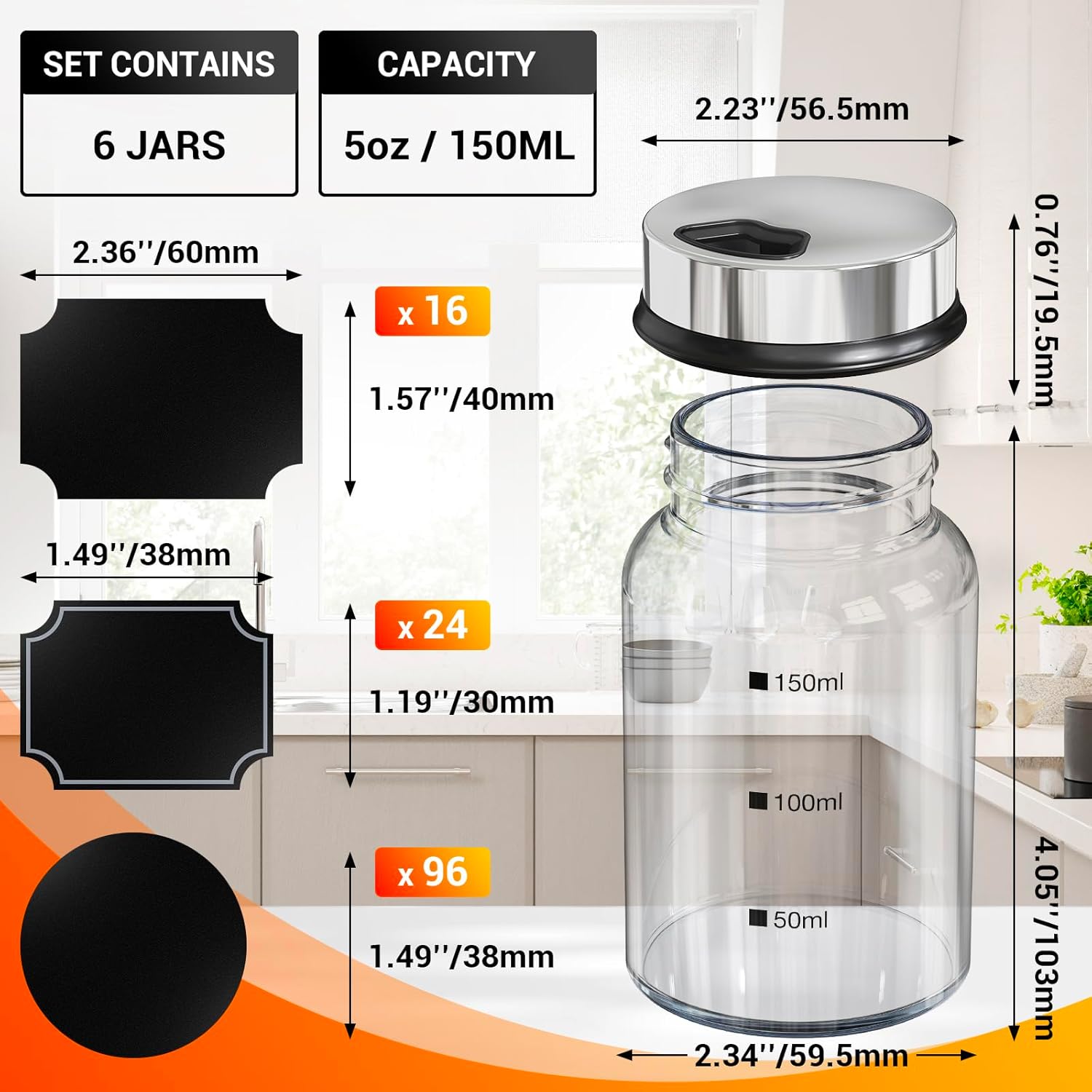 Segarty Spice Jars with Labels, 6 Pack 5oz Glass Spice Containers with Lids, Empty Clear Salt Shakers for Kitchen Condiment Storage, Spice Bottles Set with 136 Stickers, 1 Marker Pen and 1 Brush