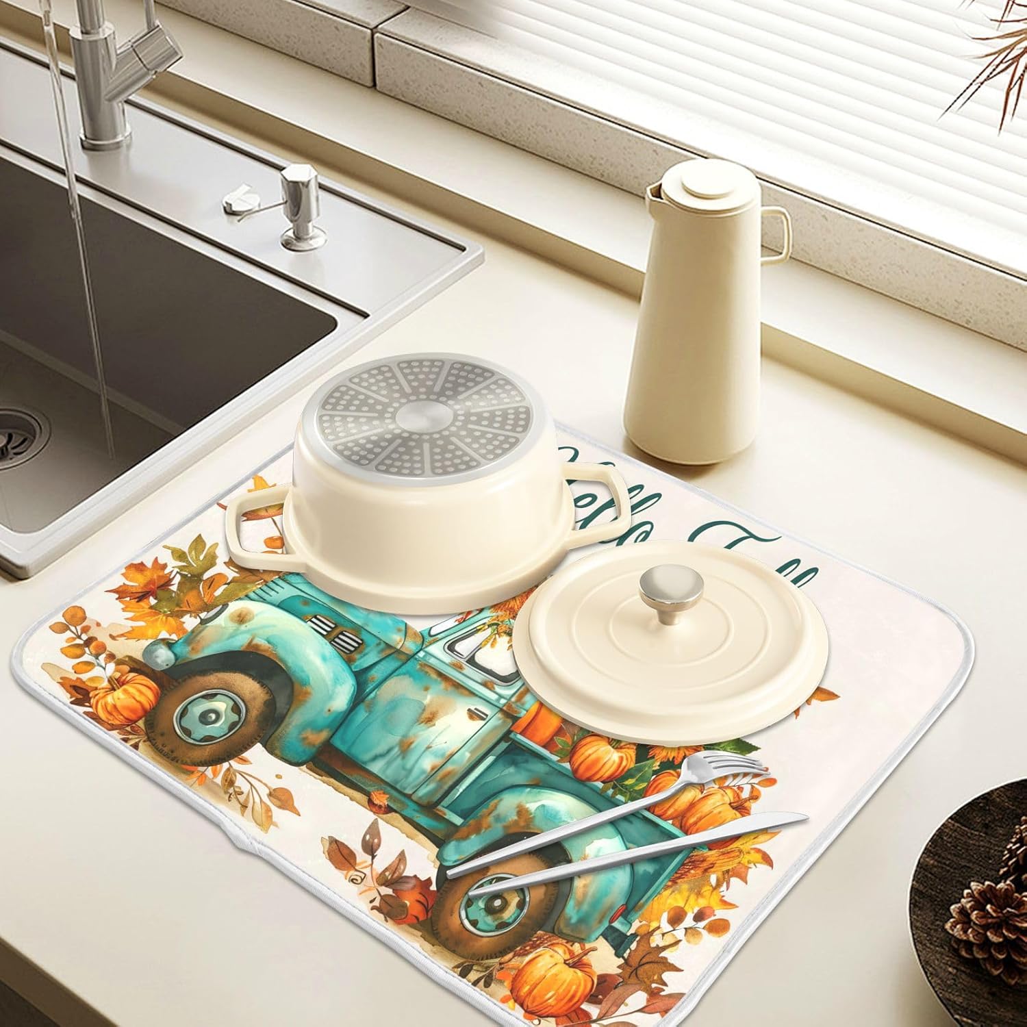 Vintage Fall Truck with Pumpkins Autumn Leaves Dish Drying Mat for Kitchen Counter Absorbent Microfiber Large Drying Pad Dish Mats for Kitchen Countertops 18 x 24 Inch