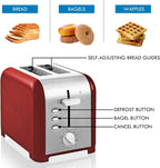 Koolatron Kenmore 2-Slice Toaster, Stainless Steel, Red and Silver, with Extra Wide Slots, Self-Adjusting Bread Guides, Defrost, Bagel and Removable Crumb Tray, Small (KKTS2SR AZ)