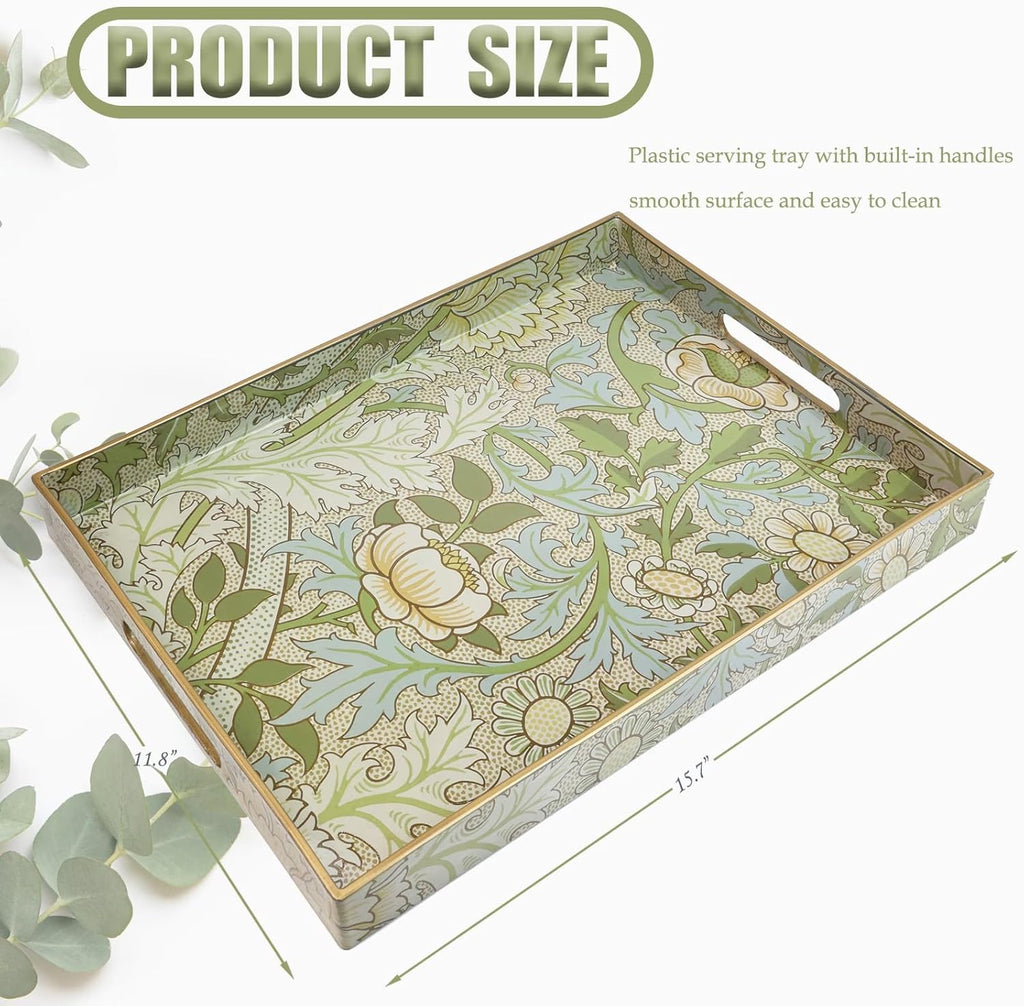 Spsyrine Serving Tray with Handles, Plastic Decorative Tray for Coffee Table, Living Room, Home Decor, Dianthus