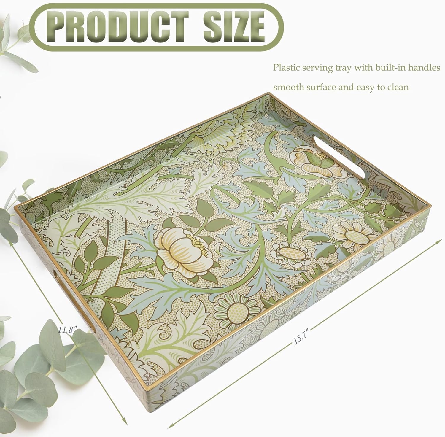 Spsyrine Serving Tray with Handles, Plastic Decorative Tray for Coffee Table, Living Room, Home Decor, Dianthus