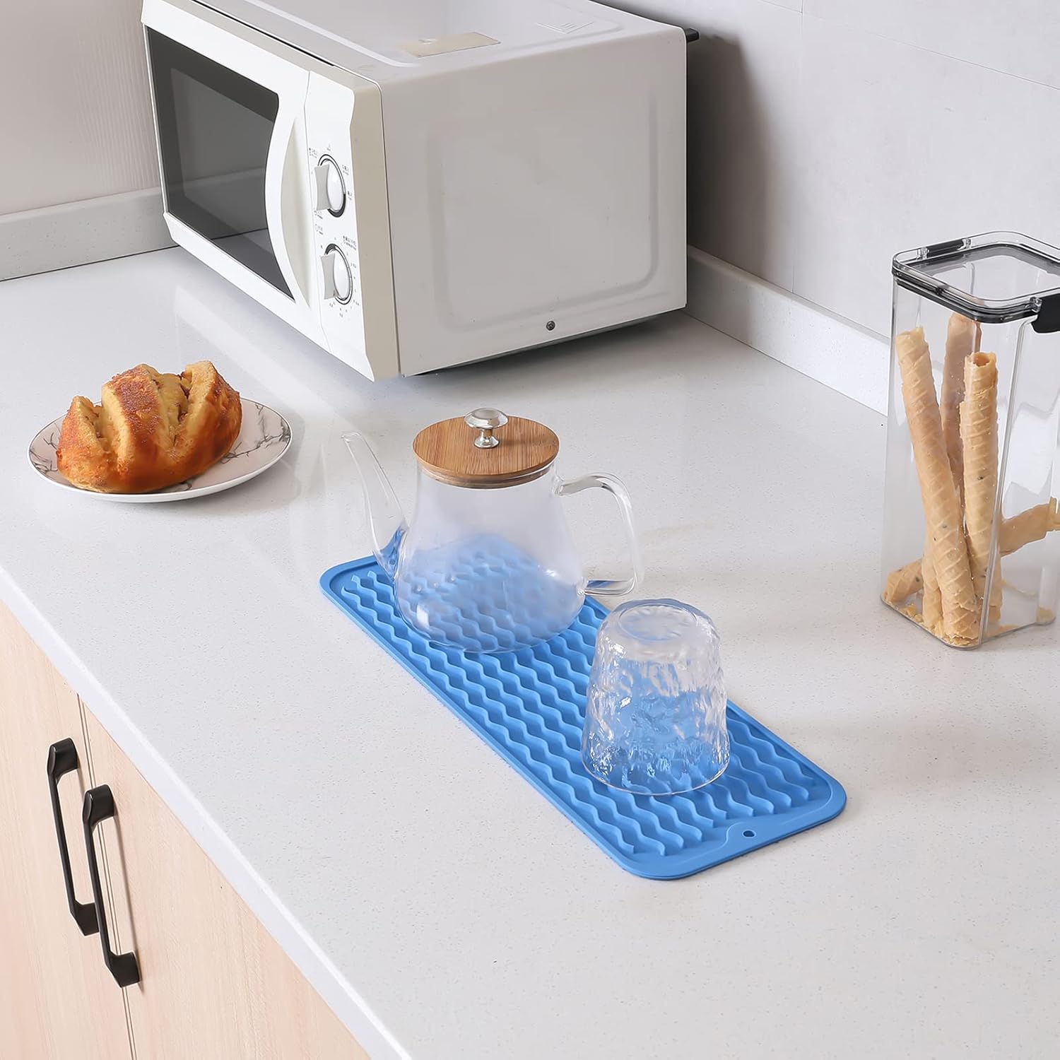 Silicone Dish Drying Mat for Multiple Usage,Easy clean,Eco-friendly,Heat-resistant Silicone Mat for Kitchen Counter,Sink,Bar,Bottle,or Cup Lichen Blue M 17 inches x 6 inches