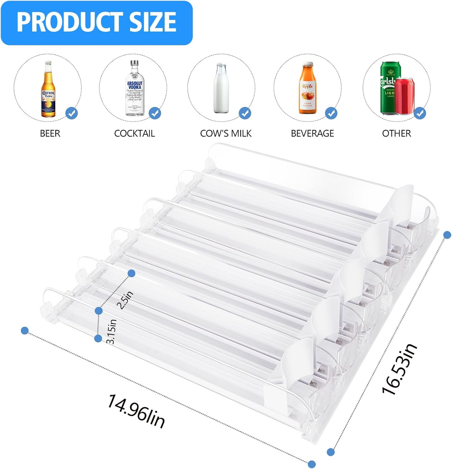 SOLY Drink Organizer for Fridge,Fridge Drink Dispenser for Fridge Automatic Pusher Glide,For Refrigerator Organizing Holds up to 14.96" D, Adjustable for 6-20oz