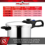 MAGEFESA Favorit Six Fast-Cooking Pressure Cooker Set, 3.2 Qt & 6.3 Qt, Stainless Steel, Induction Compatible, Heat Diffuser Base, 5 Safety Systems – Special Edition (Steam Basket, Lid & Recipe Book)