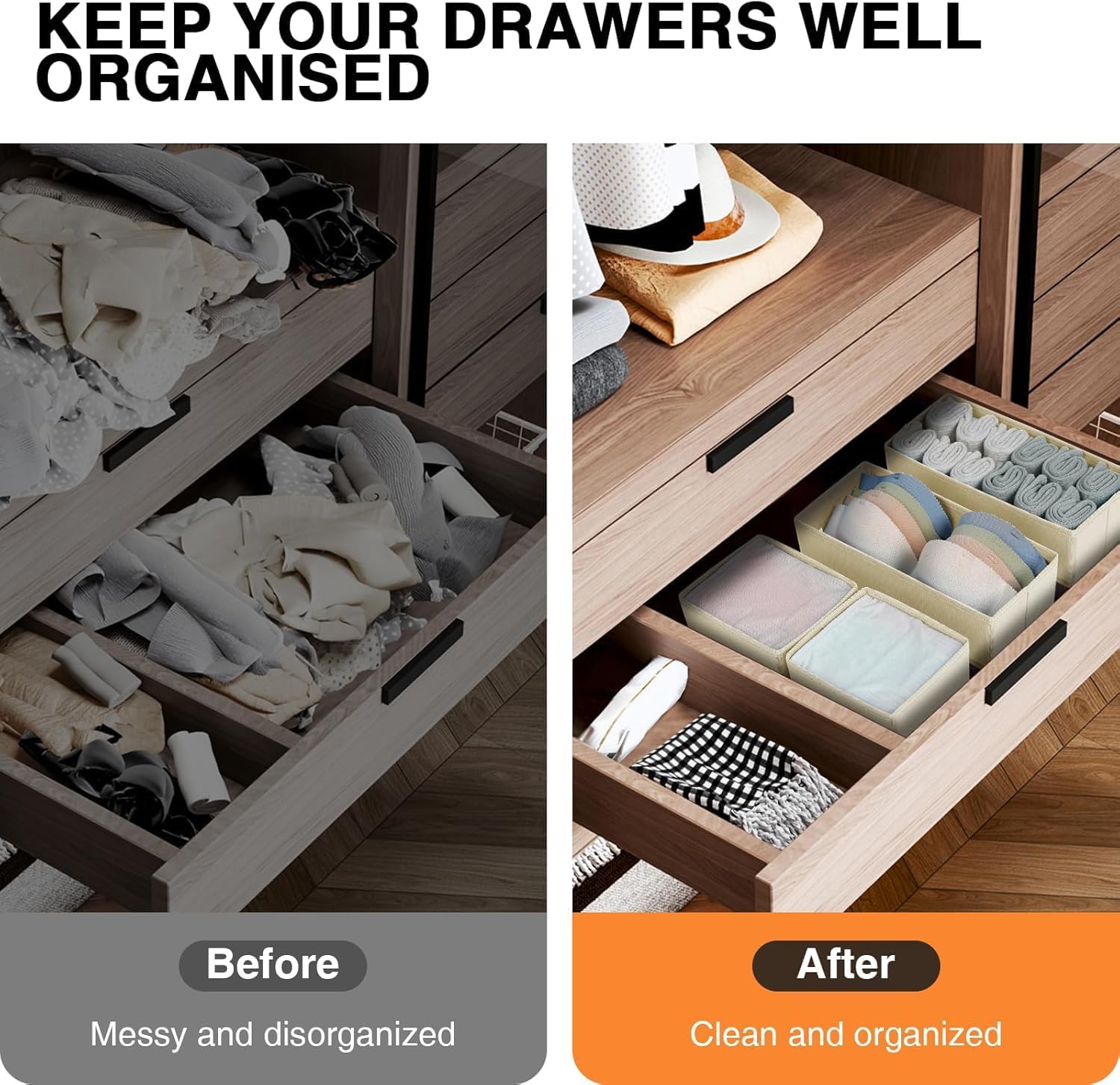 DIMJ Drawer Organizer Clothes 6 Pack - Foldable Baby Organizers and Storage & Dresser Organizer for Bedroom, Closet - Nursery Organization Dresser Dividers for underwear, Sock,Bra, Belt, Tie, Beige