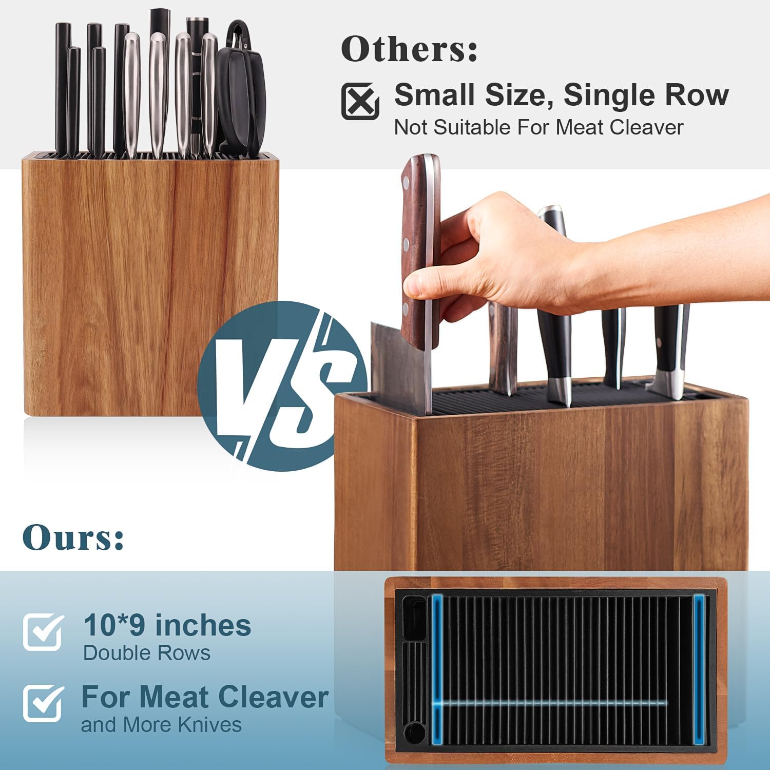 ENOKING XXL Acacia Wood Knife Holder – Large Universal Knife Block with Blade-Protecting Slots, Holds 26+ Knives, Scissors, and Sharpening Rods, Space-Saving Kitchen Storage Organizer