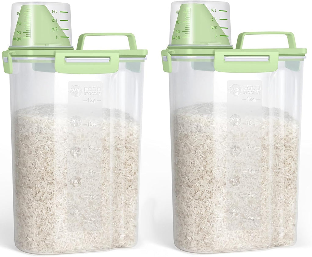 TBMax Rice Container Cereal Storage Container 2 Pack 5 Lbs, Plastic Kitchen Pantry Food Storage Container with Cup, Small Pet Dog Cat Food Dispenser -Green