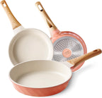 Frying Pans Non stick - 3 PCS Nonstick Frying Pan Set Omelette Pans for Cooking Set, Granite Skillet Set Kitchen Induction Cookware Chef's Pan Gift, 8", 9.5" &11", Coral Pink