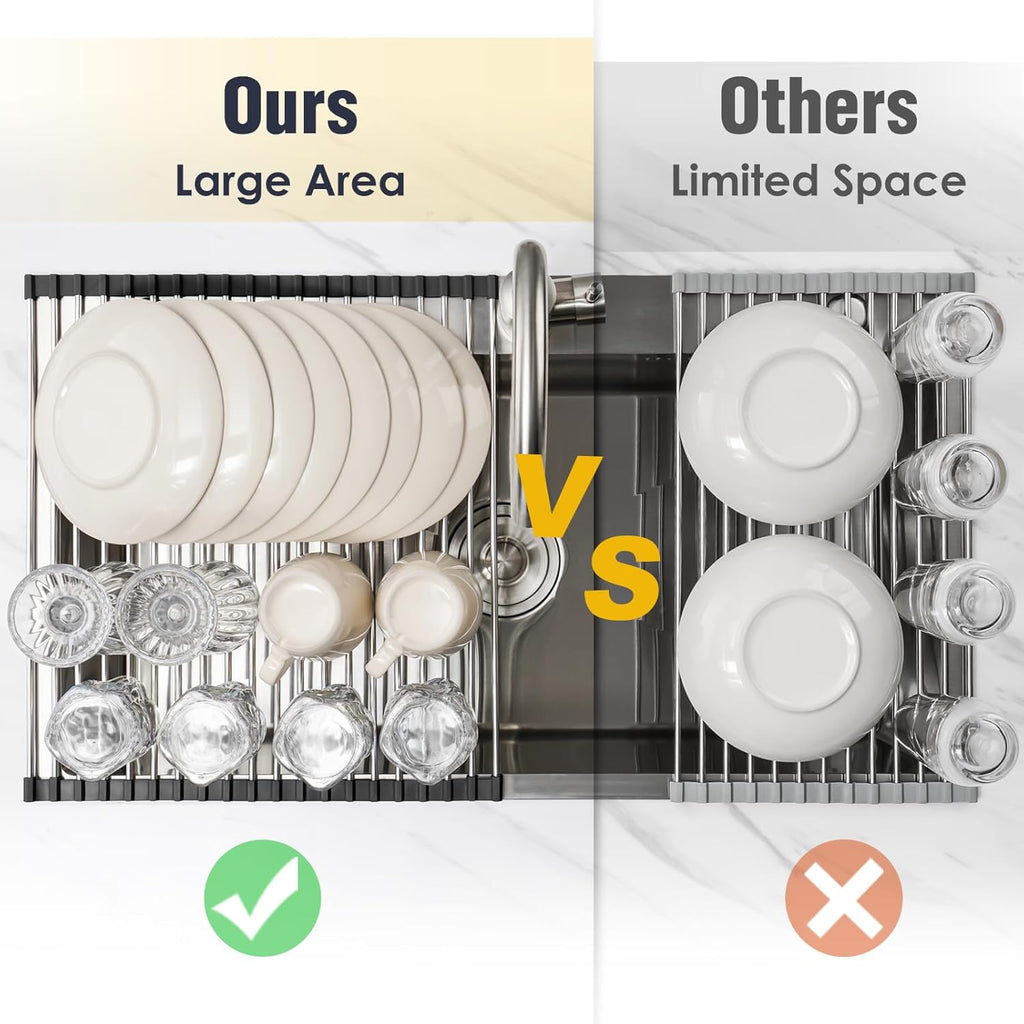 Tomorotec 17.7" x 15.5" Roll Up Dish Drying Rack Over Sink Drying Rack Sink Cover Kitchen Sink Accessories Gadget Multipurpose Organizer Foldable Stainless Steel Drainer