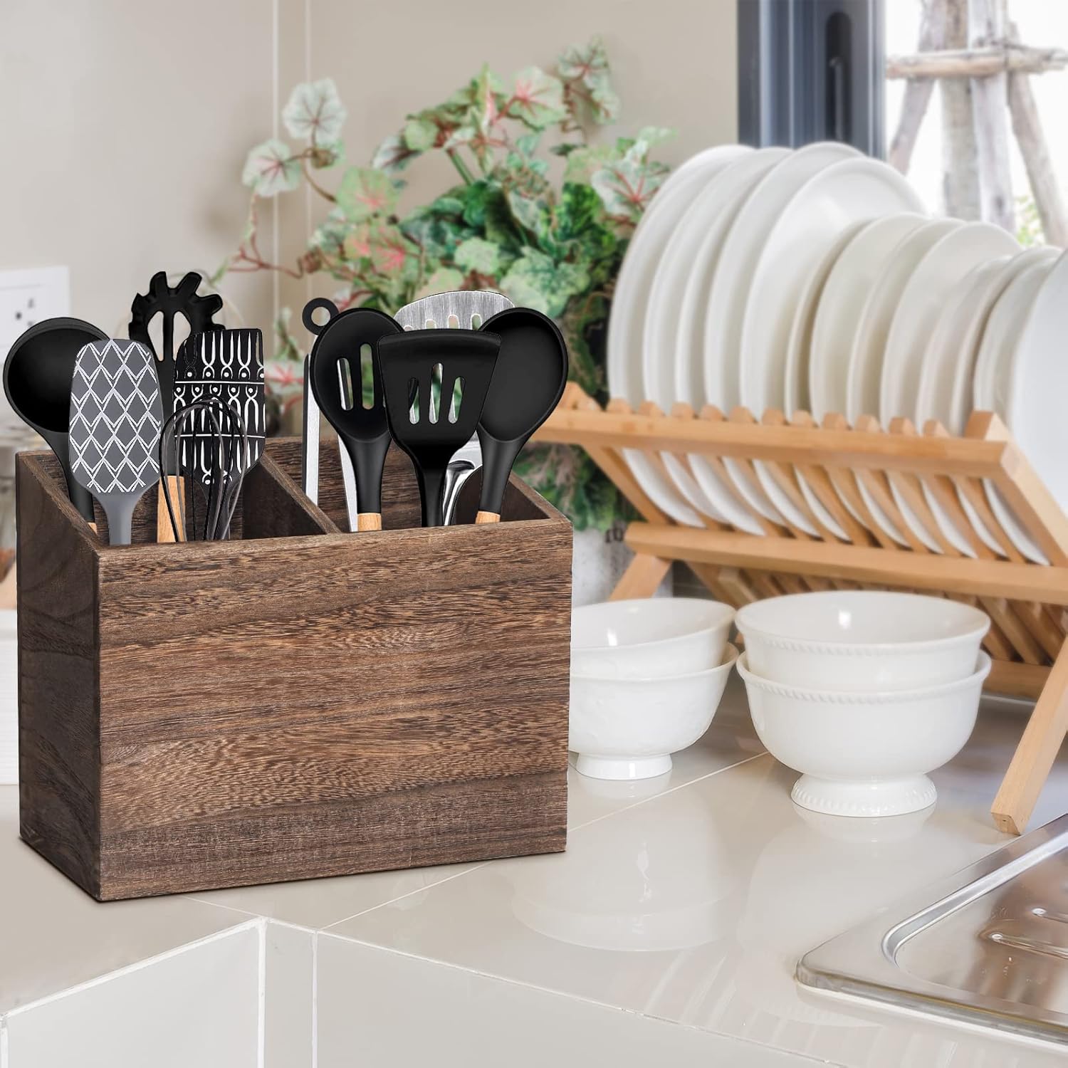Wooden Kitchen Utensil Caddy With 2 Compartments, Rustic Utensil Holder for Kitchen Countertop, Wood Utensil Crock Organizer Box for Farmhouse Kitchen Decor (brown)