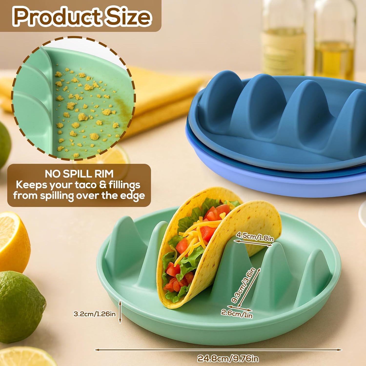 Silicone Taco Holder Plates Set of 3 - Reusable Taco Stand Plates with 4-Shell Slots, Oven/Microwave/Dishwasher Safe, Non-Slip Base for Tortillas Party Serving, Family Dinner & Meal Prep Accessories