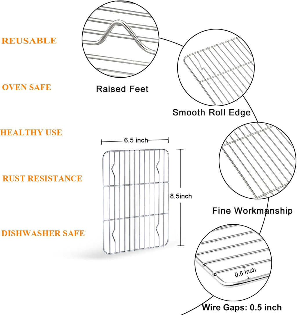 TeamFar 9'' x 7'' x 1'' Toaster Oven Pan with Rack Set of 4, Stainless Steel Compact Toaster Ovenware Pan with Cooling Rack, Healthy & Heavy Duty, Easy Clean & Dishwasher Safe, (2 Pans + 2 Racks)