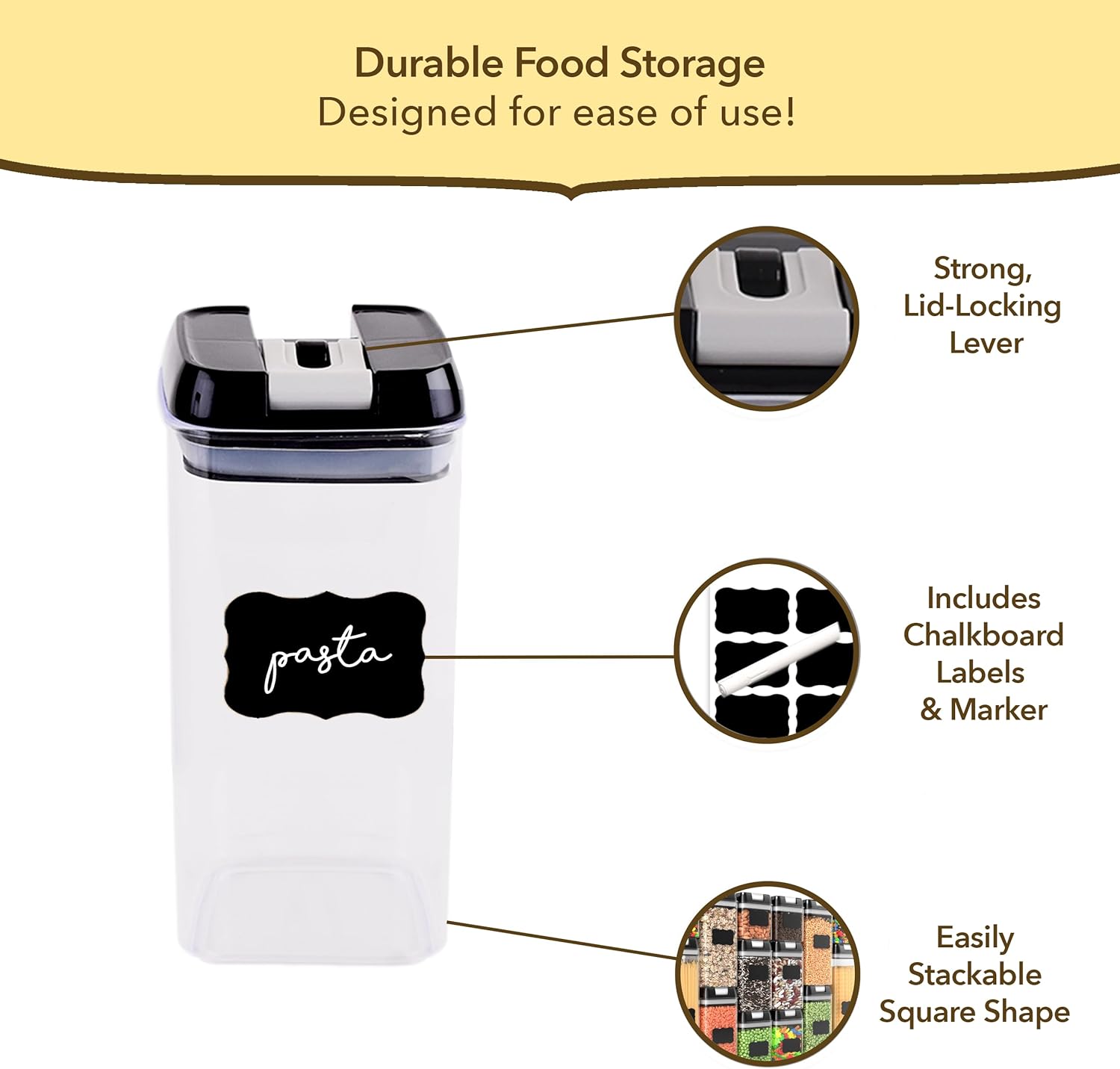 Simply Gourmet Airtight Food Storage Containers with Lids – 4 Piece Slim Kitchen Pantry Organization Set, 8 Cup Capacity, BPA-Free Clear Plastic, Stackable Containers for Flour, Sugar, Rice, Snacks