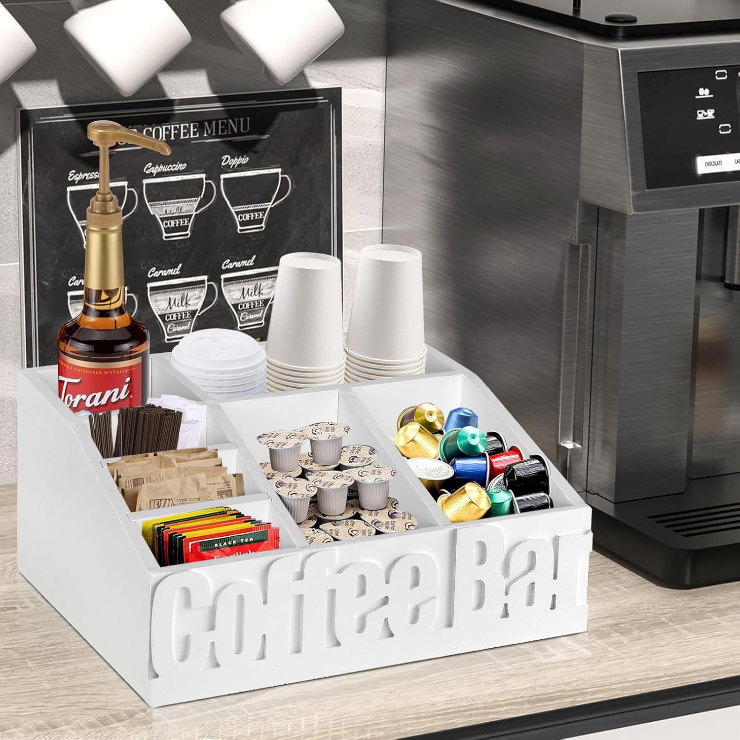Coffee Bar Organizer for Accessories, Wood Station for Countertop, Farmhouse Pod Holders, White Condiment Organizer for Decor