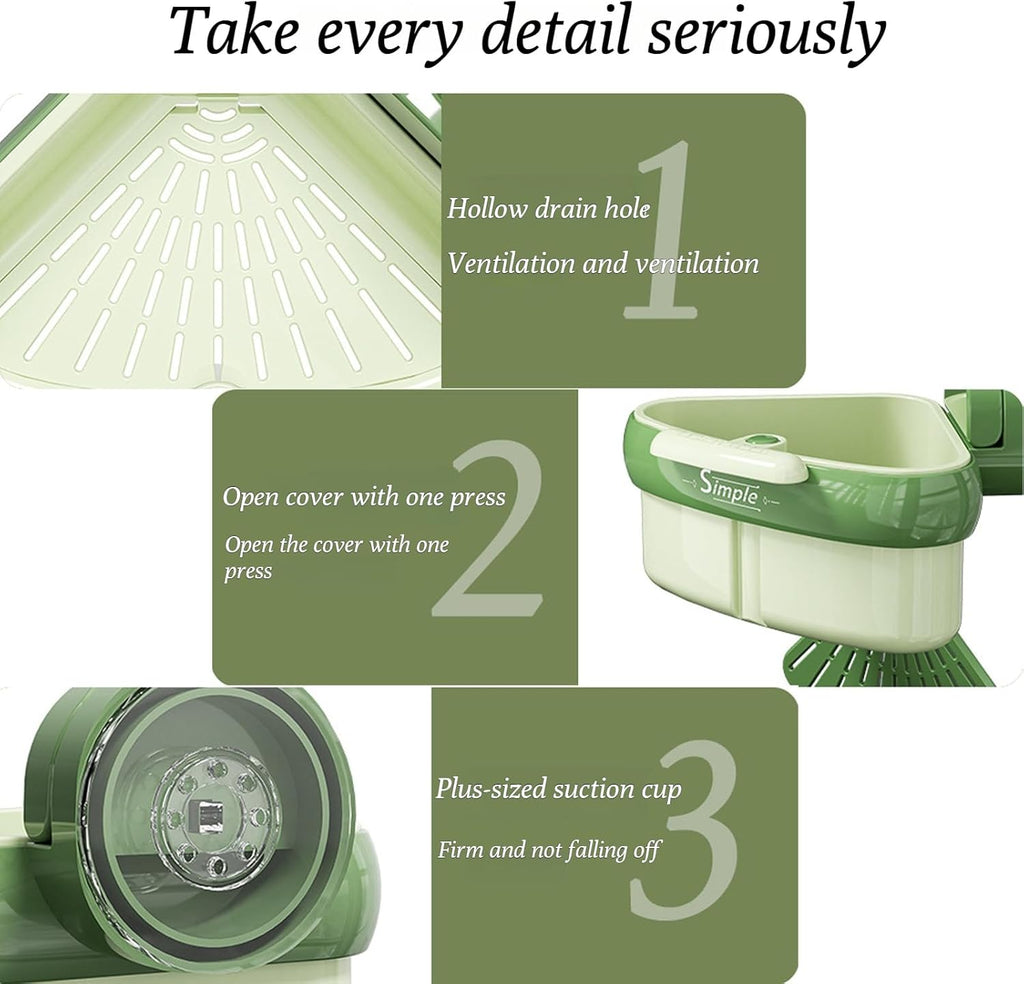 Suction Cup Sink Corner Rack, 2025 Upgraded Automatic Dumping Sink Strainer Basket, Suction Cup Press Sink Drainer Basket, No Drilling Corner Sink Strainer for Food Waste (Green, 2Pcs)
