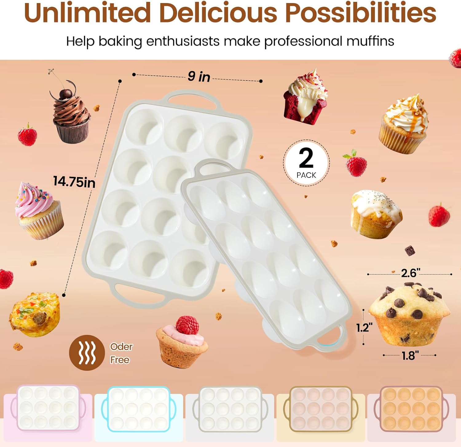 Silicone Muffin Pans for Baking 2 Pack, 2.6 Inch with Metal Reinforced Frame, Regular Size Nonstick Cupcake Pan 12 Cups for Baking Homemade Muffins, Dishwasher Safe BPA Free-Grey