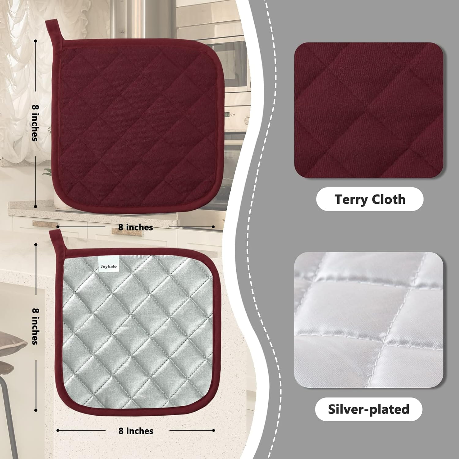 Joyhalo 4 Pack Pot Holders for Kitchen,Cotton Oven Holder with Great Heat Resistance,Non Slip Hot Pads for Kitchen Clearance,Dark Red