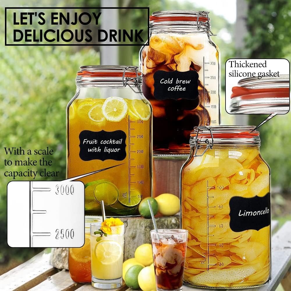 Super Wide-Mouth Glass Jars with Hinged Lids, 1-Gallon (4100 ML) Leak Proof Glass Canning Jars with Airtight Lids and 2 Measurement Marks. Large Capacity, Sturdy For Canning, Overnight Oats, 2-Pack