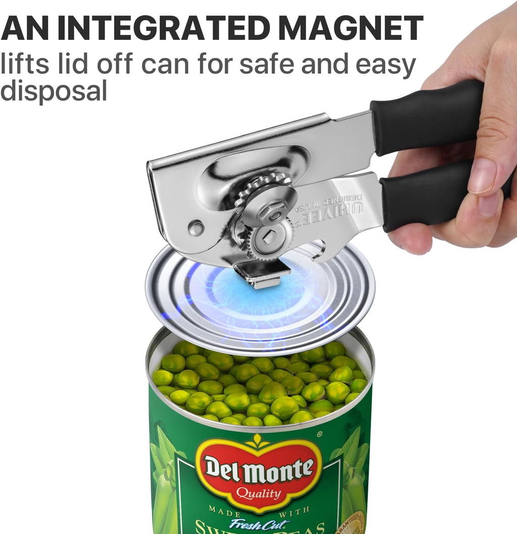 Can Opener Manual Heavy Duty, UHIYEE Hand Held Can Openers for Seniors with Comfort Grip Sharp Blade, Solid Steel Hand Manual Can Open with Magnet for Kitchen Camping, Black
