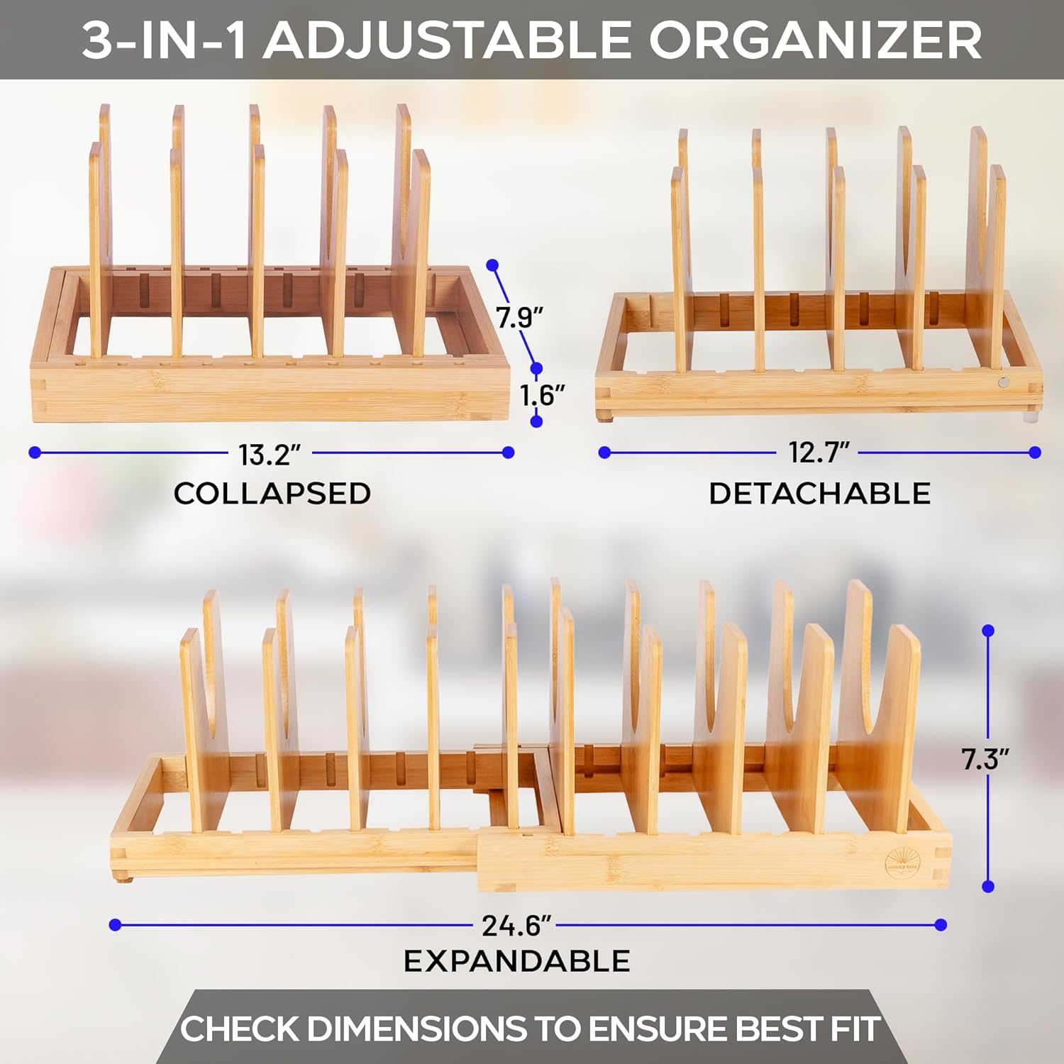 Pot and Pan Organizer for Under Cabinet – Bamboo Pot Lid Organizer for Cabinet with Magnetic Lock, Expandable 2-in-1, Adjustable Dividers, Non-Slip Base for Cutting Boards, Cookie Sheets, Bakeware