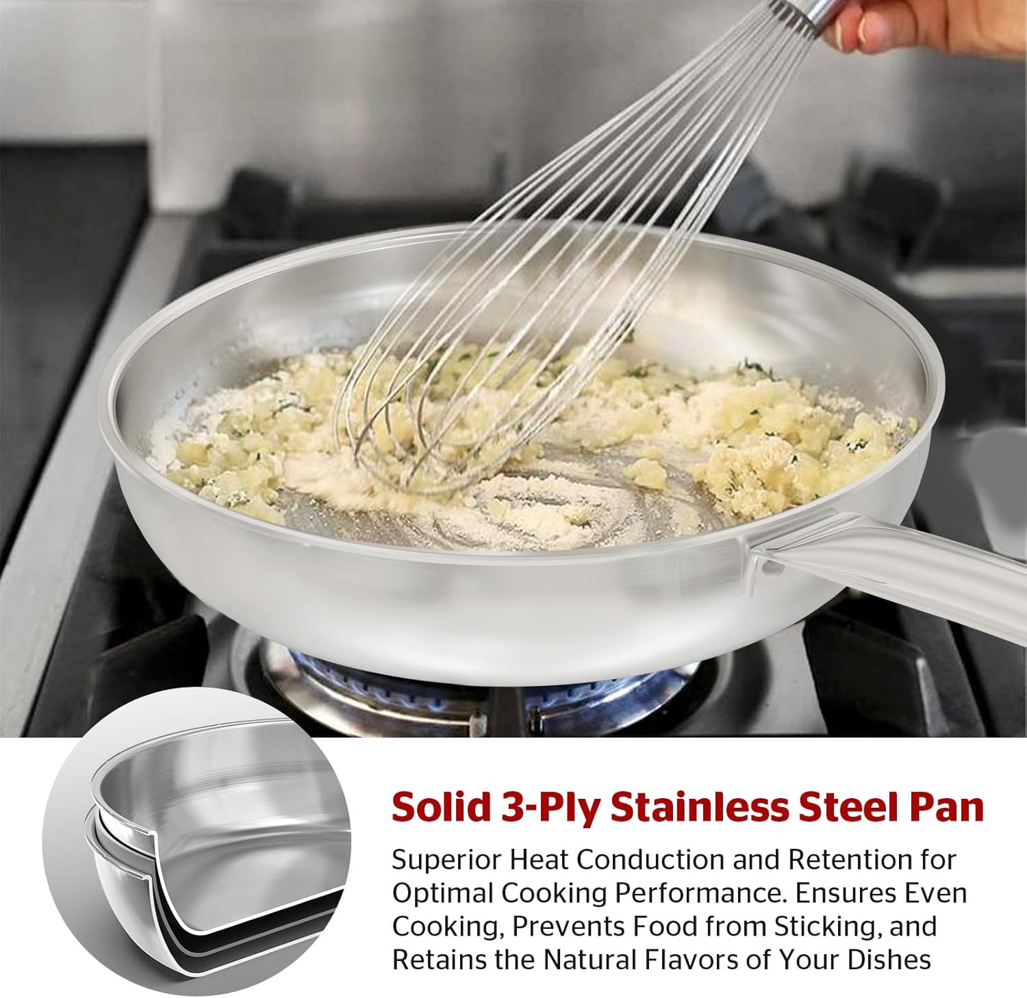 Sunhouse 18/10 11 Inch Stainless Steel Frying Pan, Whole-Clad No Coatings Skillet with Stay-cool Handle for Cooking, Durable & Oven Safe to 500°F, Dishwasher Safe, Compatible with All Cooktops